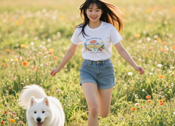 여름 들판의 소녀와 강아지
