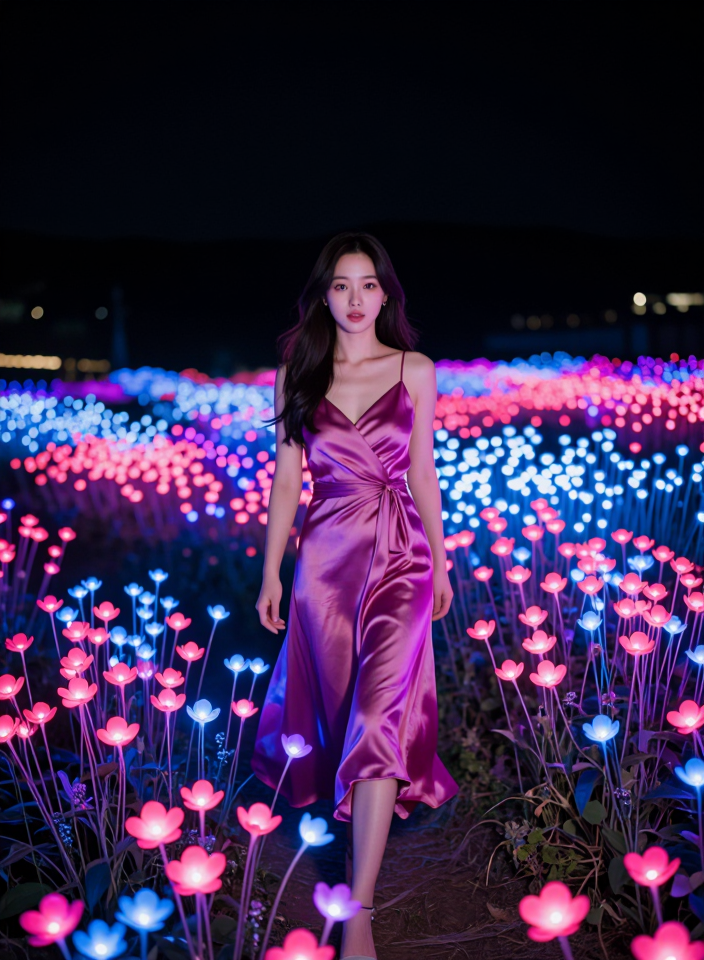 네온 꽃밭을 걷는 여인