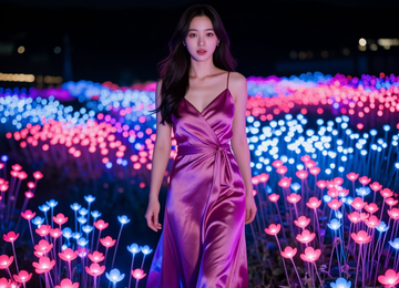 네온 꽃밭을 걷는 여인