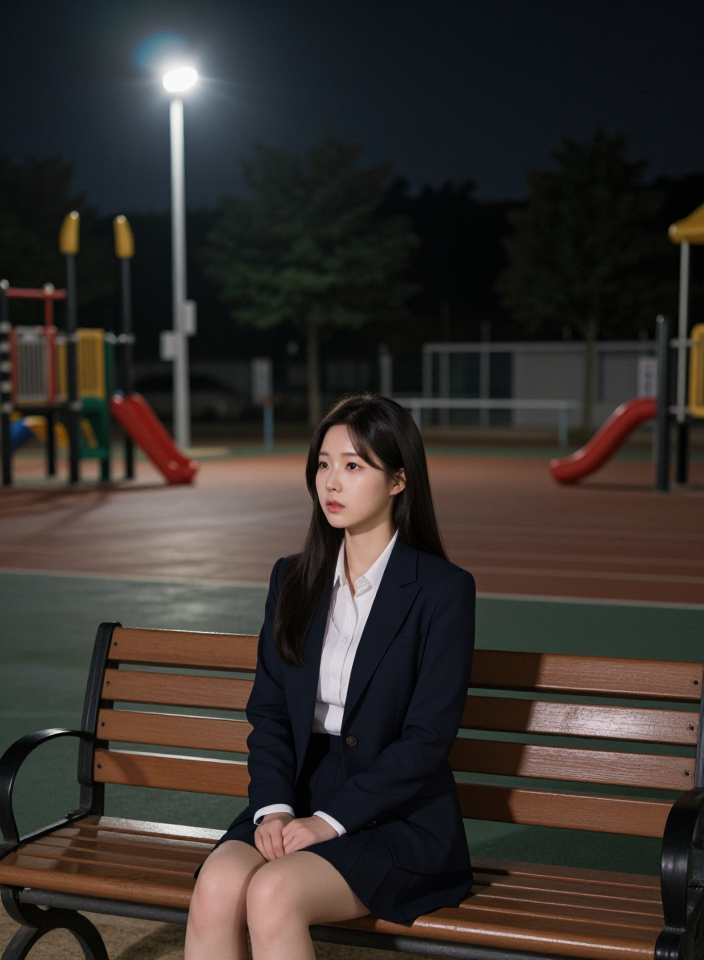 밤의 벤치에 앉은 소녀