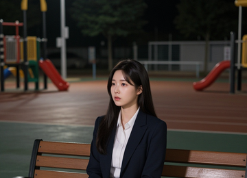 밤의 벤치에 앉은 소녀