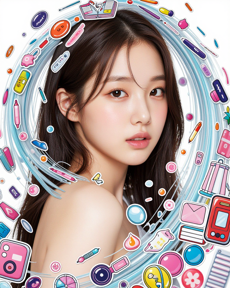스티커 폭포 속의 소녀