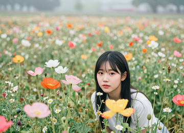 비 내리는 꽃밭 속 소녀