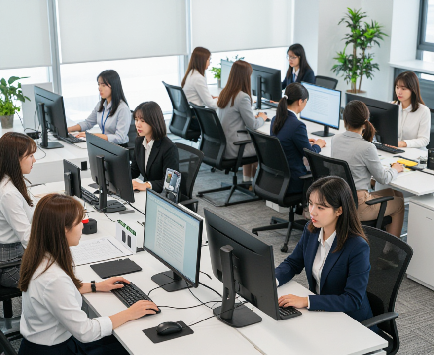 회사에서 근무하는 여성들의 모습을 찍은 사진, 근무는 10명, 모든 자리에 모니터 2대씩 사용중. 모든 여성은 한국인임.