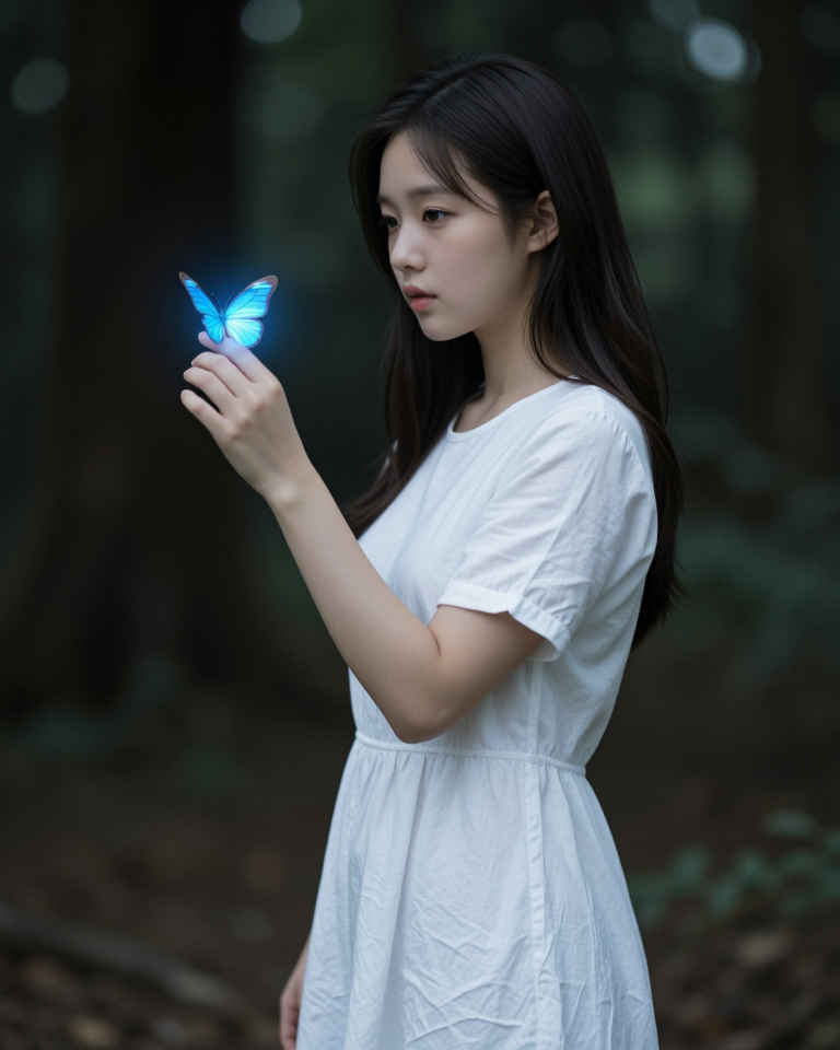 숲속의 빛나는 나비와 소녀