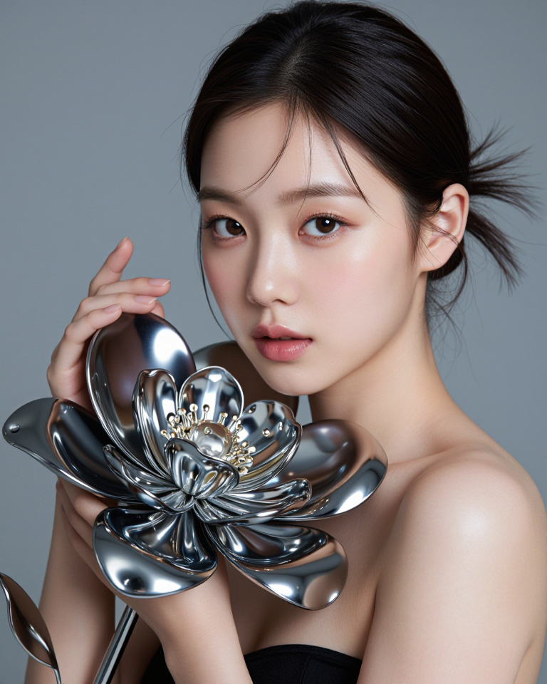 금속 꽃과 모델