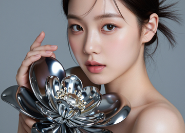 금속 꽃과 모델