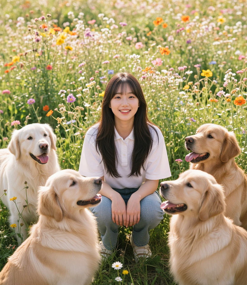 꽃밭의 한국 소녀와 강아지들