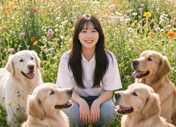 꽃밭의 한국 소녀와 강아지들
