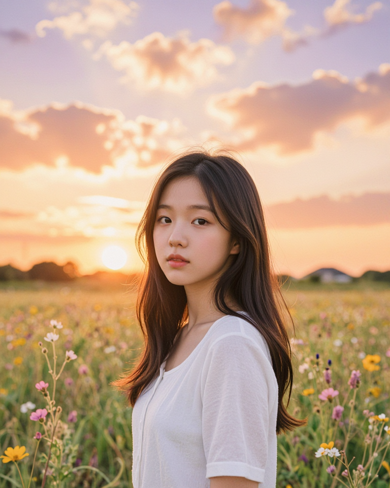 노을빛 아래 소녀