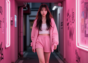 네온 핑크 거리의 소녀