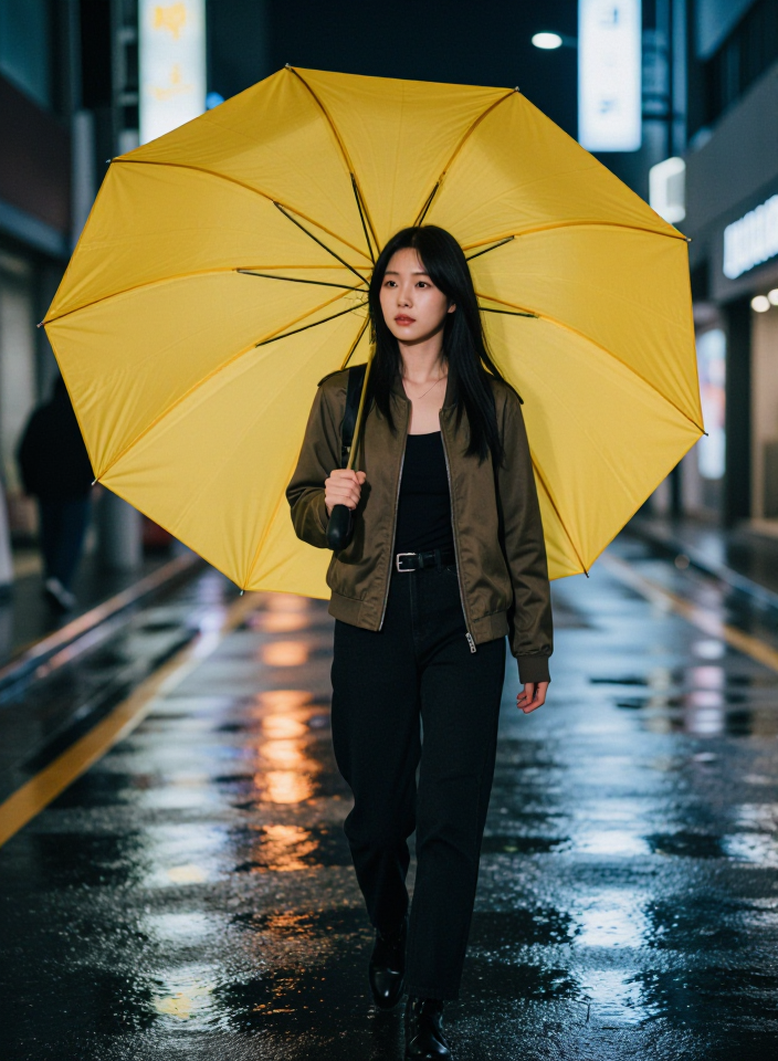 노란 우산과 비 내리는 거리
