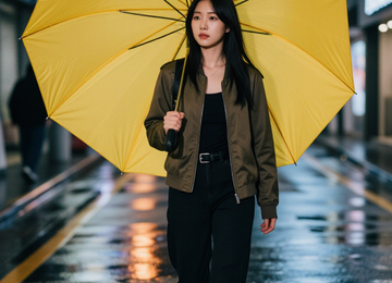 노란 우산과 비 내리는 거리