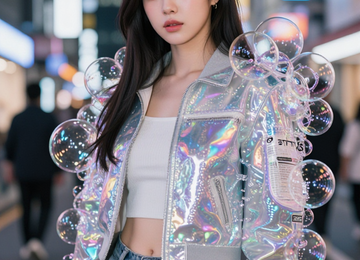 홀로그램 버블 재킷의 거리 패션