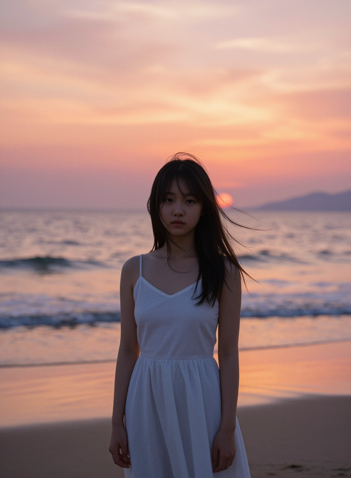 노을빛 바다와 소녀