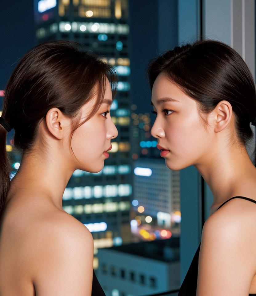 유리창에 비친 도시의 밤